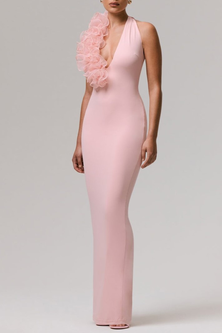 Pink Plunge-Neck Maxi Dress With Floral Detail