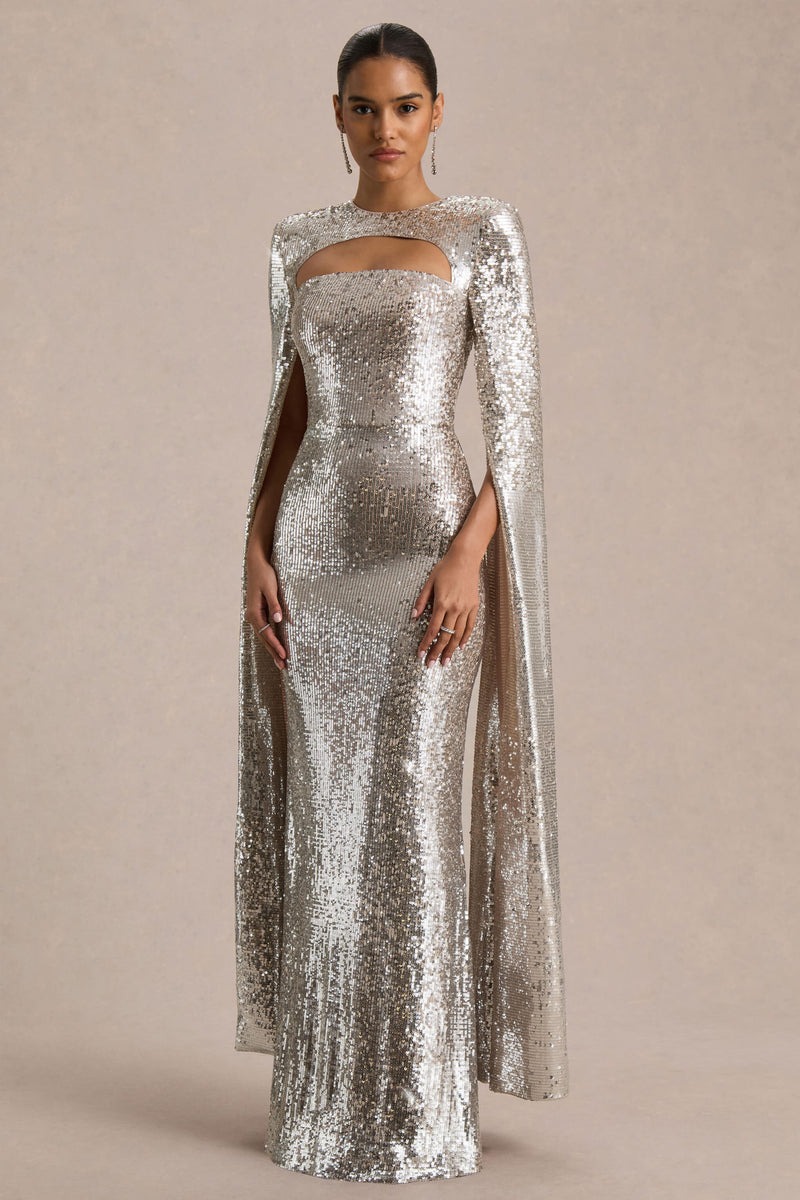 Silver Sequin Crew-Neck Maxi Dress With Cape Sleeves