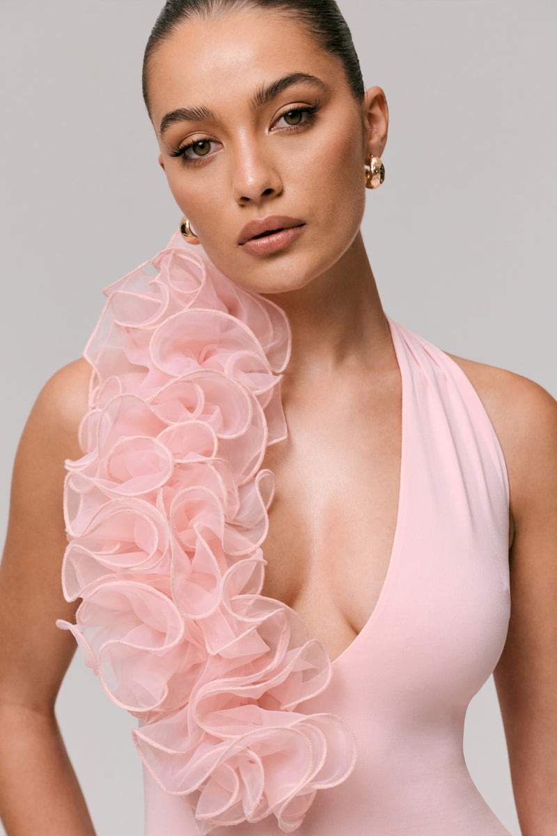 Pink Plunge-Neck Maxi Dress With Floral Detail