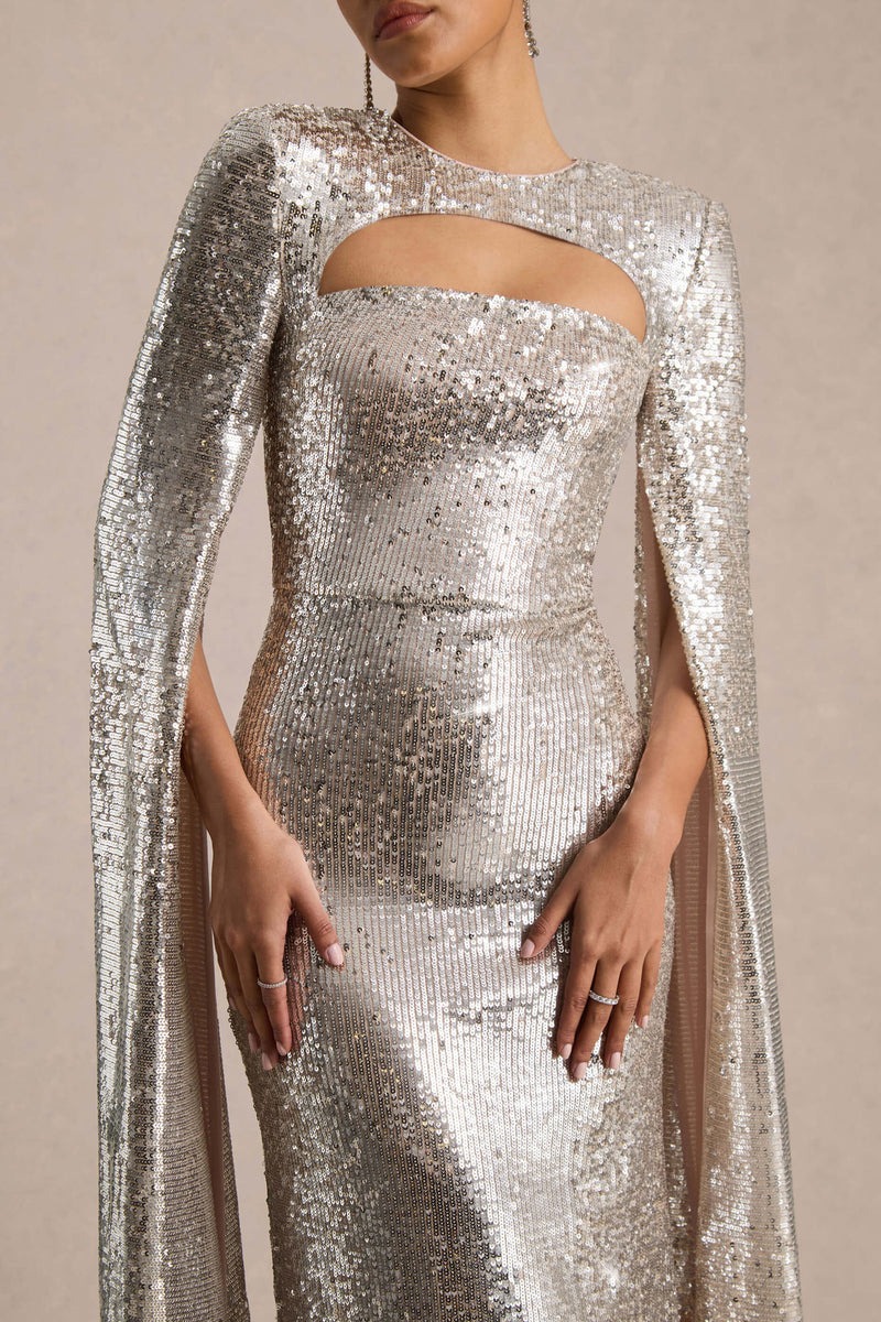 Silver Sequin Crew-Neck Maxi Dress With Cape Sleeves