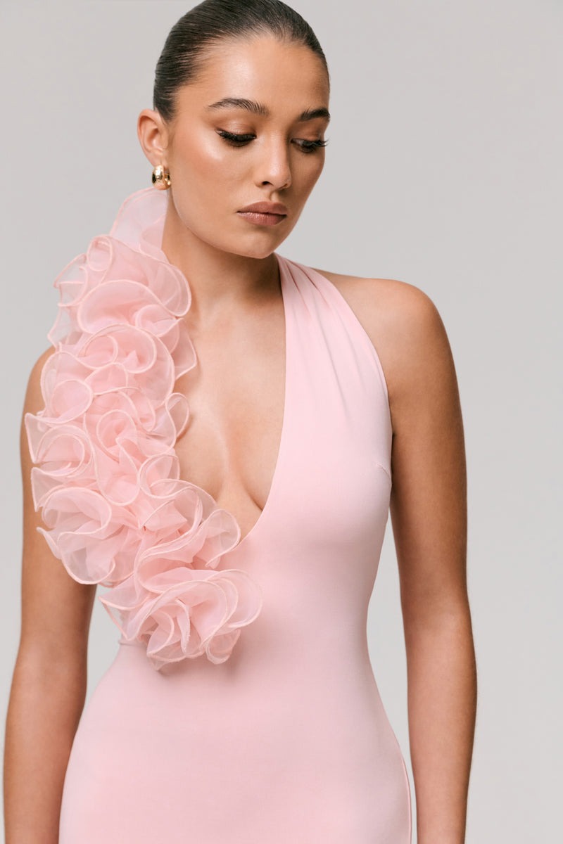 Pink Plunge-Neck Maxi Dress With Floral Detail