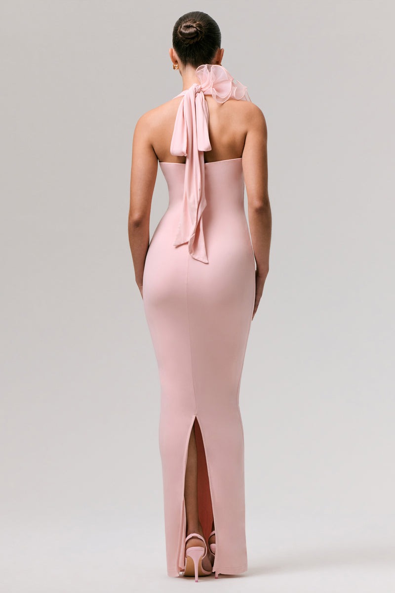 Pink Plunge-Neck Maxi Dress With Floral Detail