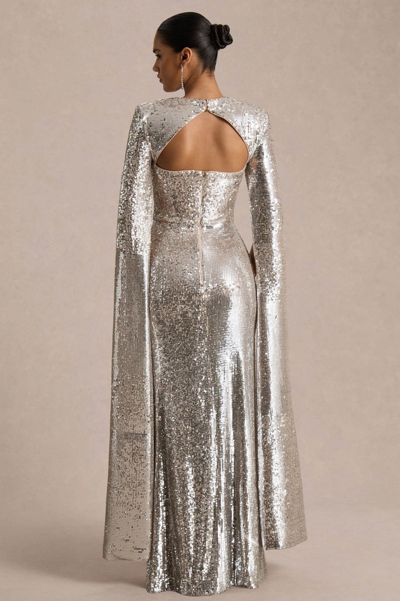 Silver Sequin Crew-Neck Maxi Dress With Cape Sleeves