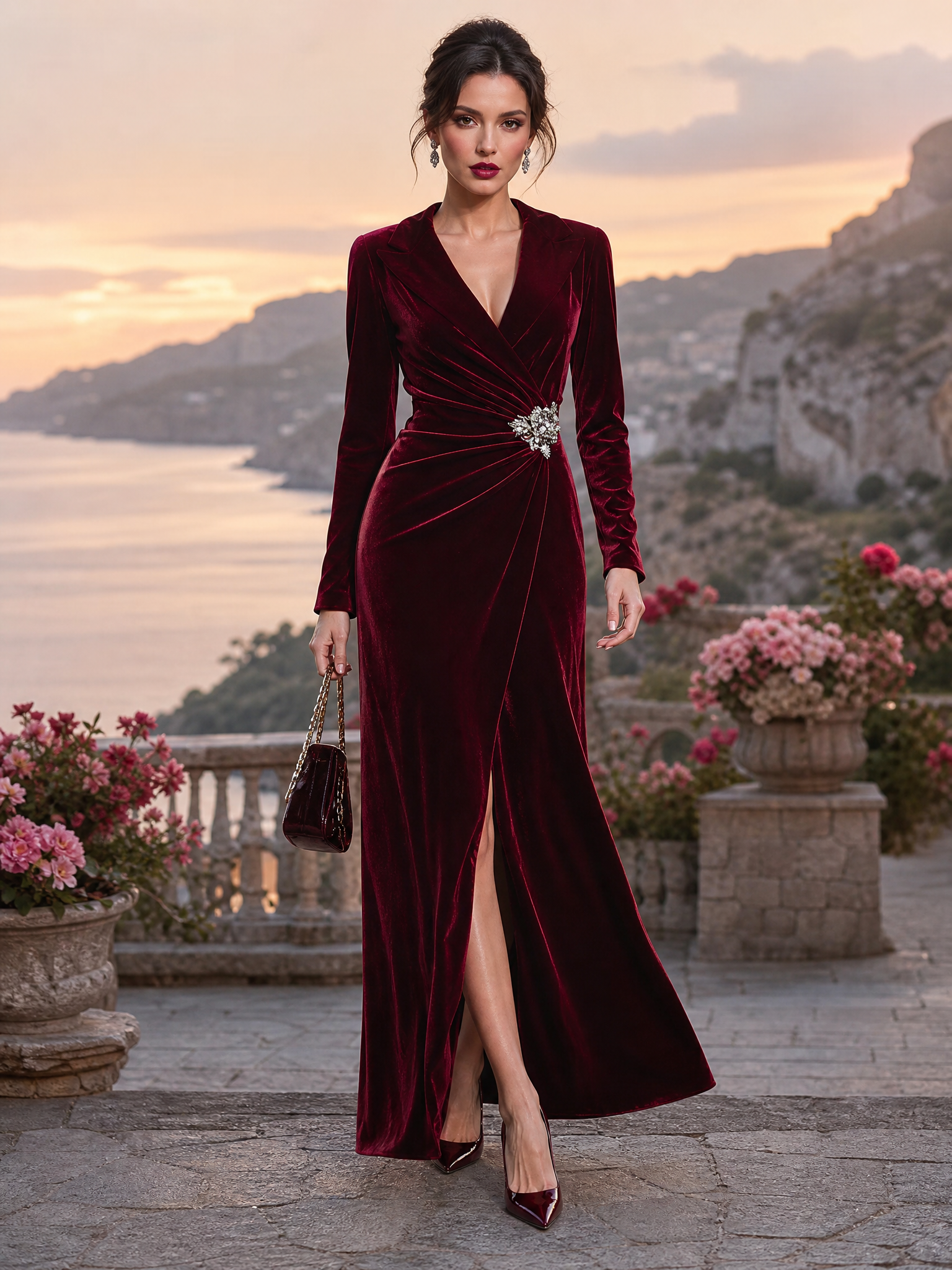 Retro-style Lapel Pleated Velvet Maxi Dress
