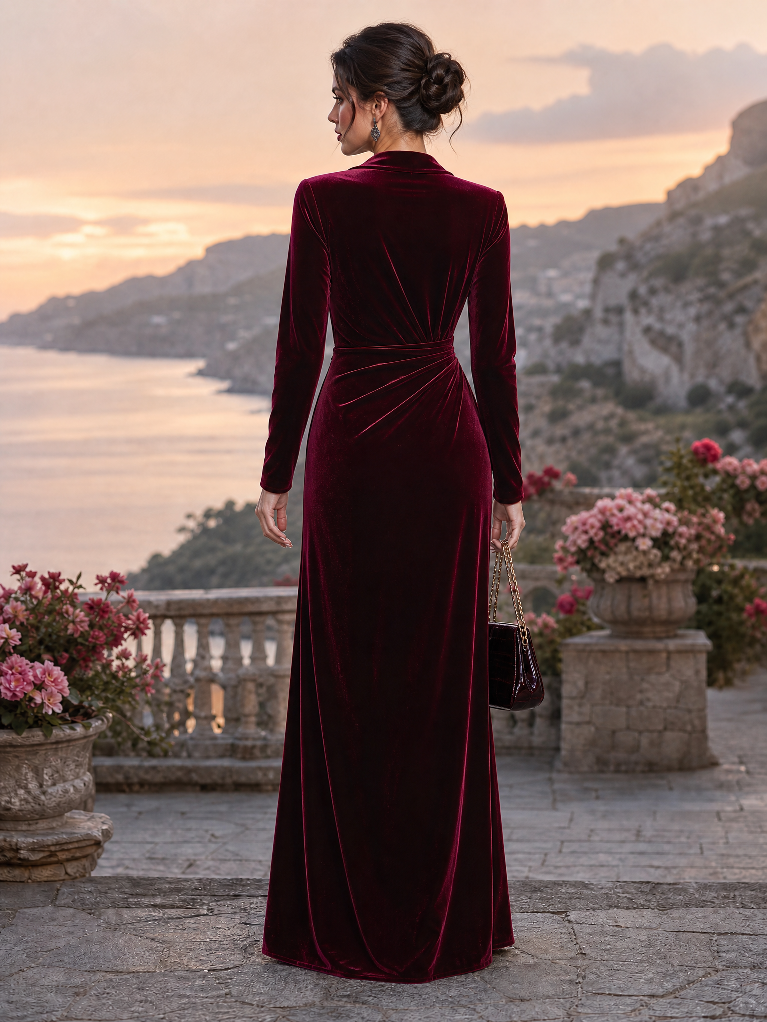 Retro-style Lapel Pleated Velvet Maxi Dress