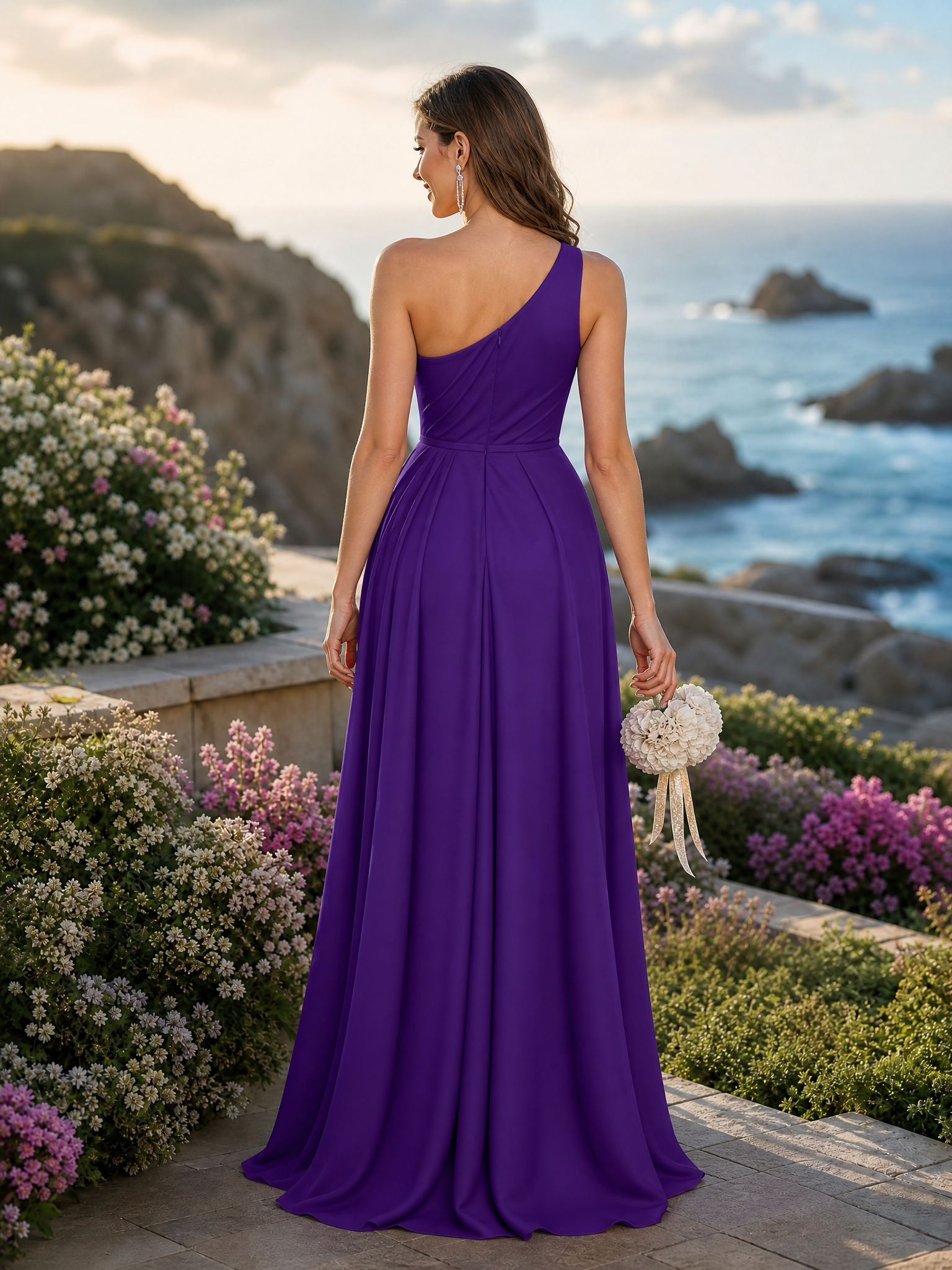 Formal Wedding Guest Dress Purple One Shoulder Slit Maxi Dress