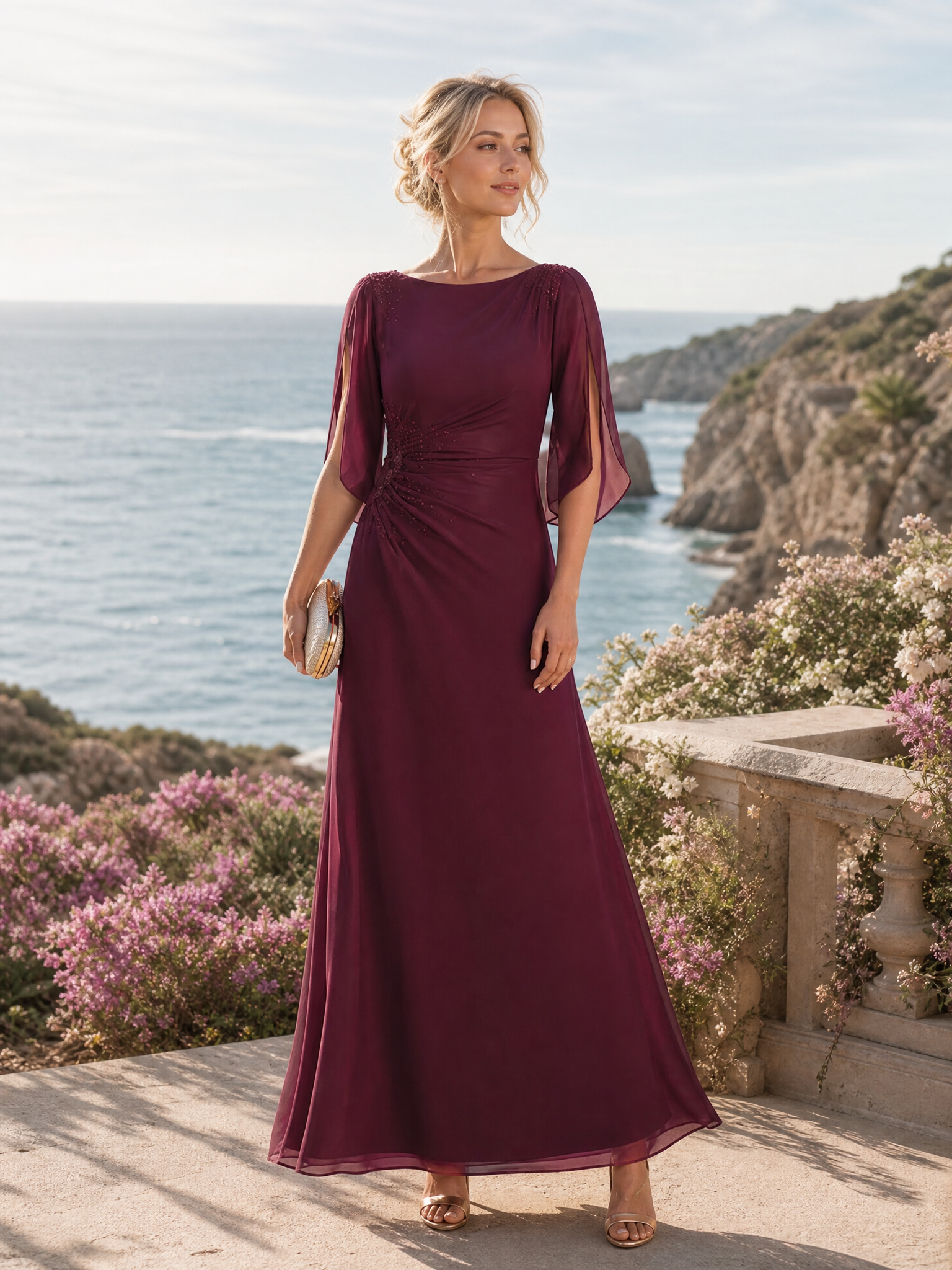 Sheath Scoop Floor-Length Chiffon Mother of the Bride Dress With Pleated Beading