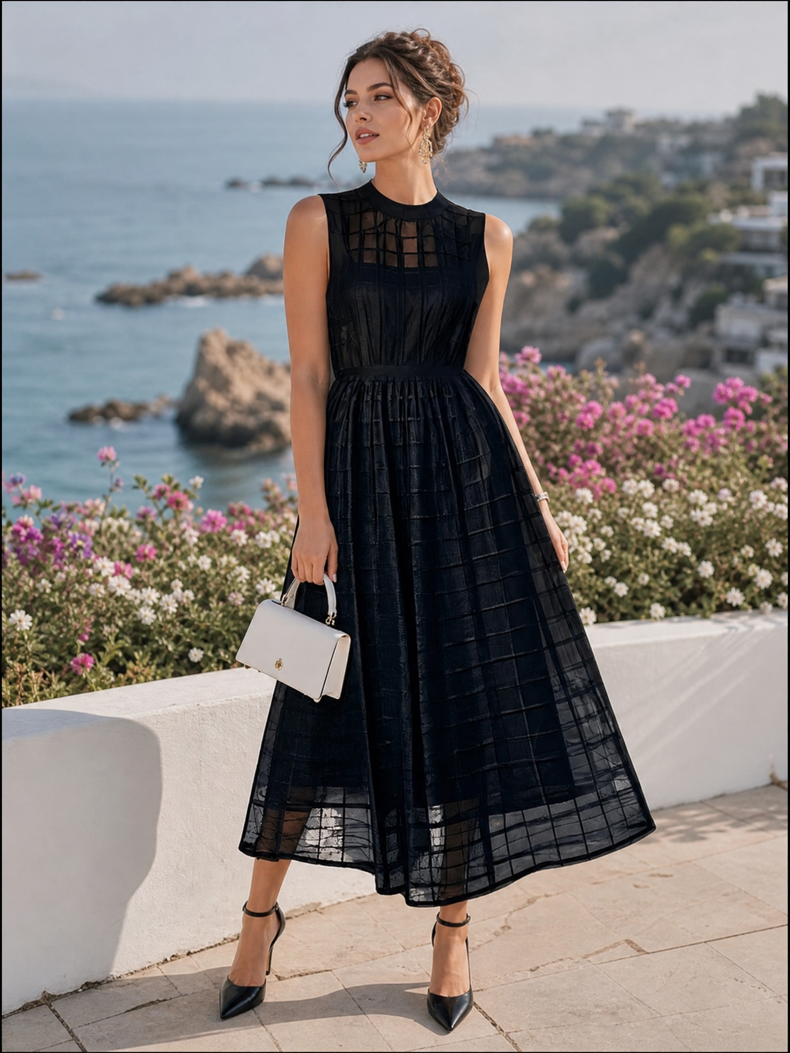 Black Organza Mesh Plaid Classic Crew Neck Sleeveless A-Line Midi Dress