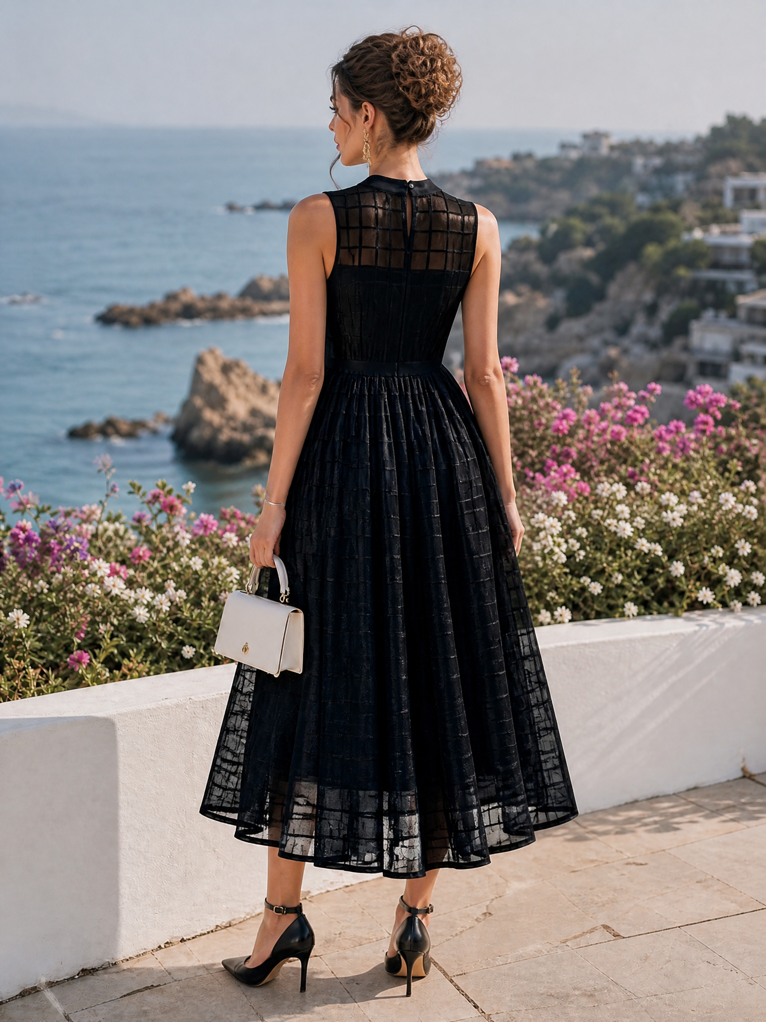 Black Organza Mesh Plaid Classic Crew Neck Sleeveless A-Line Midi Dress