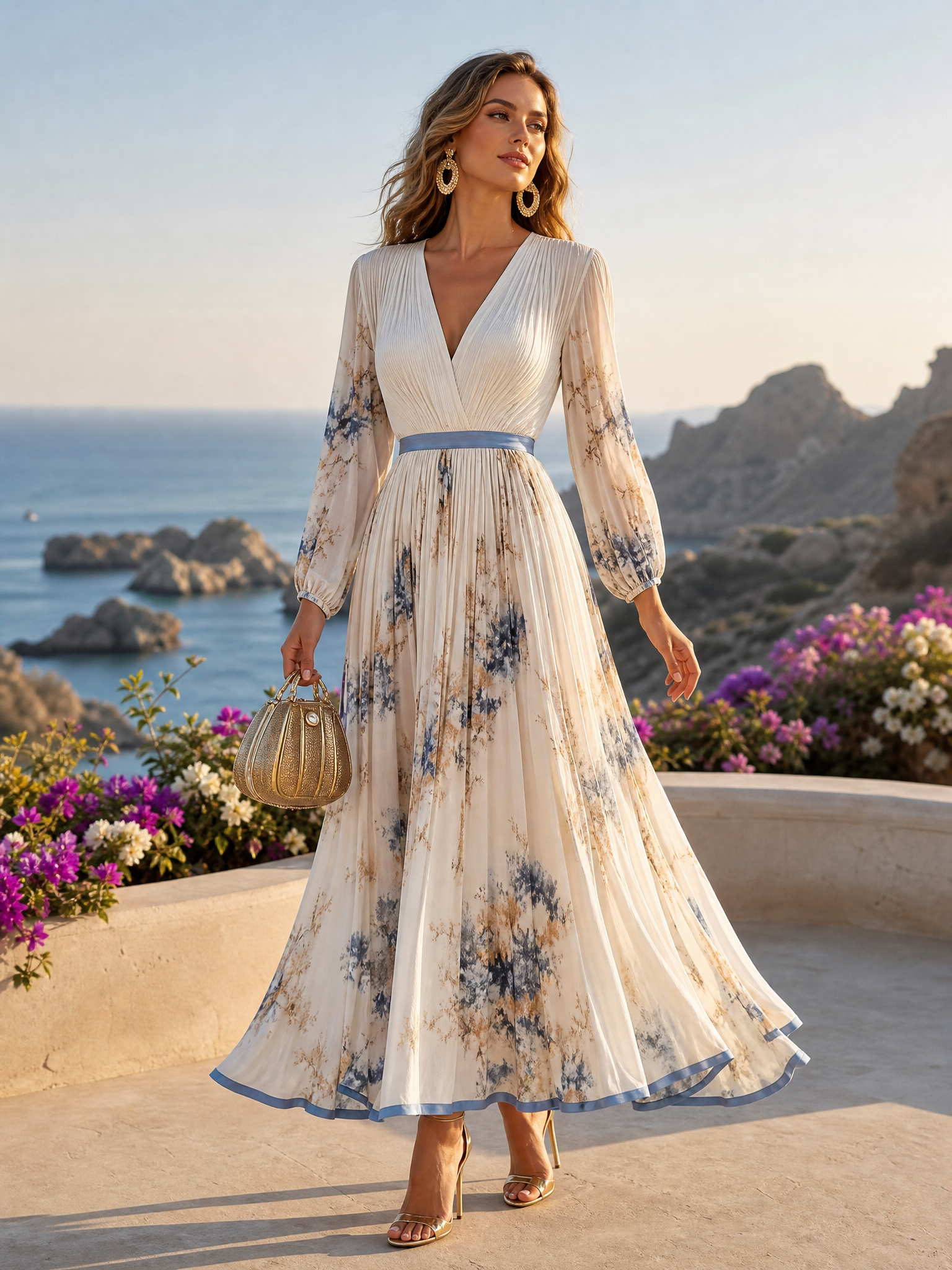 White Pleated Chiffon V Neck Floral Long Sleeve Balloon Sleeve A-Line Maxi Dress