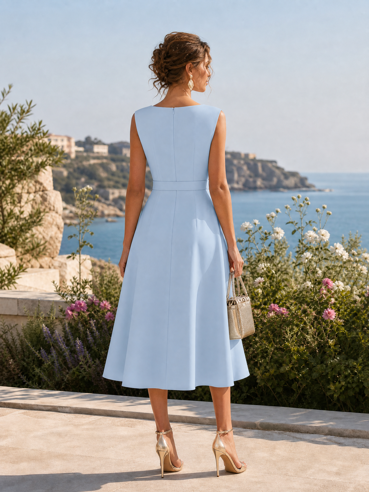Light Blue Classic Boat Neck Sleeveless A Line Midi Dress
