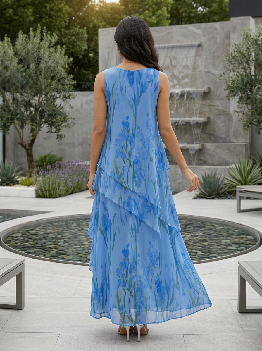 Sleeveless Round Neck Blue Floral Print Chiffon Asymmetric Layered Maxi Dress