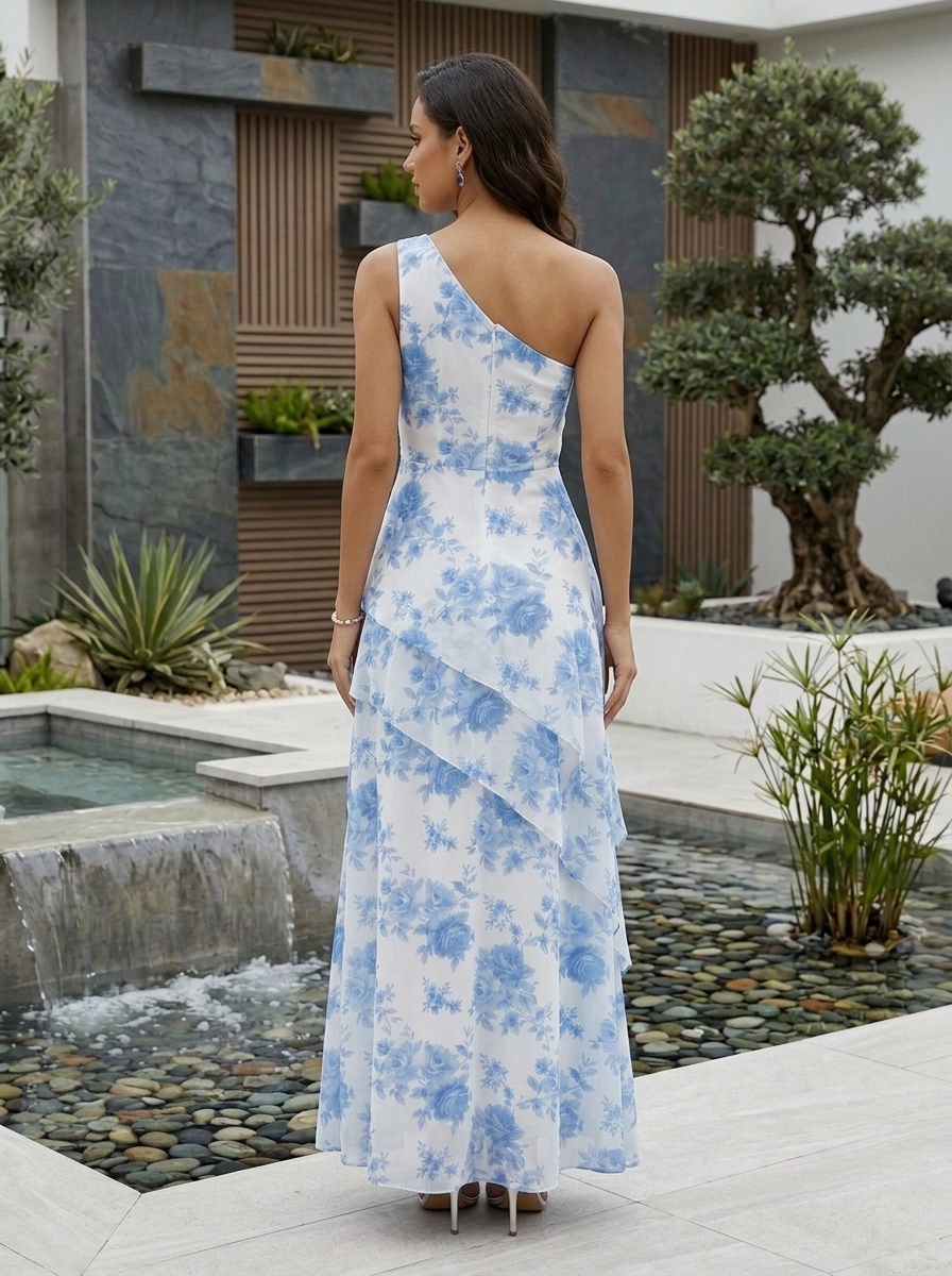 One Shoulder White Base Blue Floral Print Chiffon Asymmetric Layered Maxi Dress