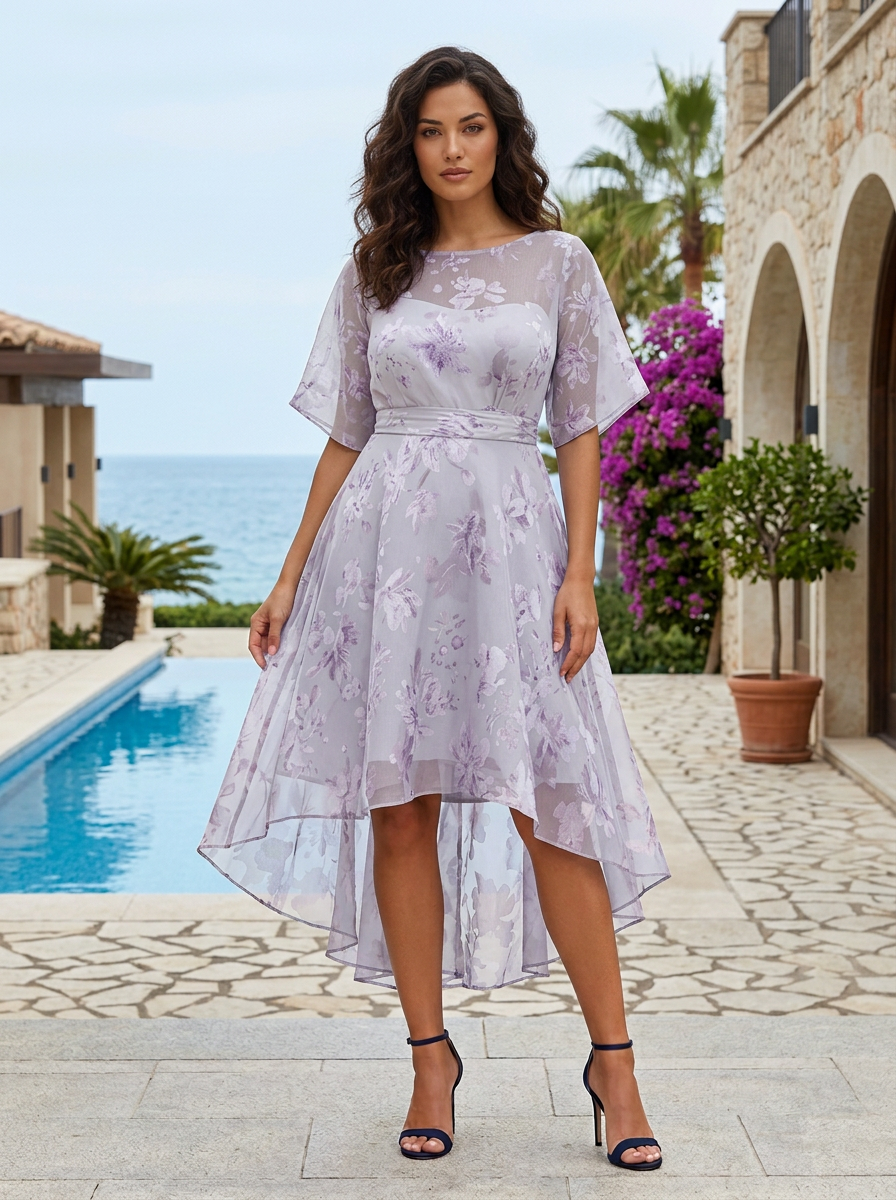 Round Neck Flutter Sleeve Lavender Floral Mesh Hi-Low Midi Dress