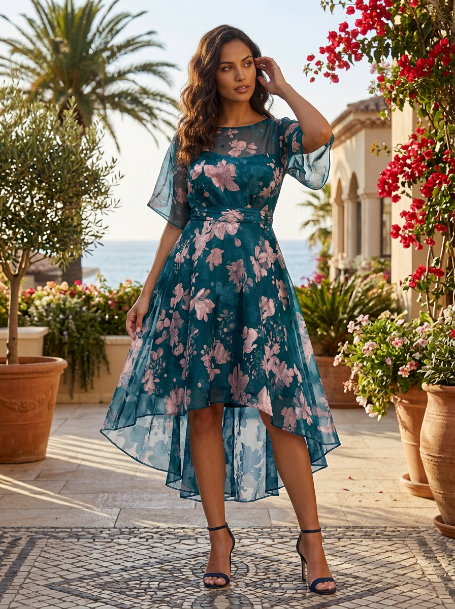 Round Neck Flutter Sleeve Teal Pink Floral Mesh Hi-Low Midi Dress