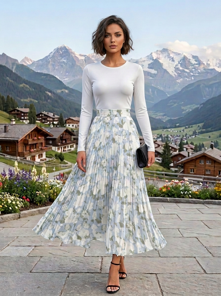 Long Sleeve Crew Neck Two-Tone Floral Pleated Midi Dress