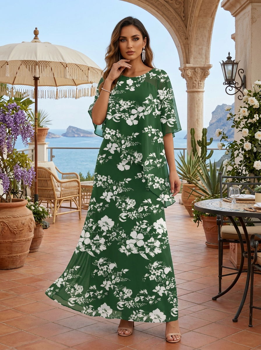 Round Neck Flutter Sleeve Dark Green White Floral Chiffon Maxi Dress with Overlay Detail