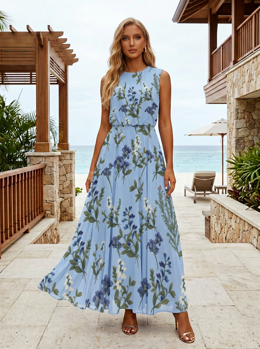 Sleeveless Round Neck Light Blue Wildflower Chiffon Maxi Dress