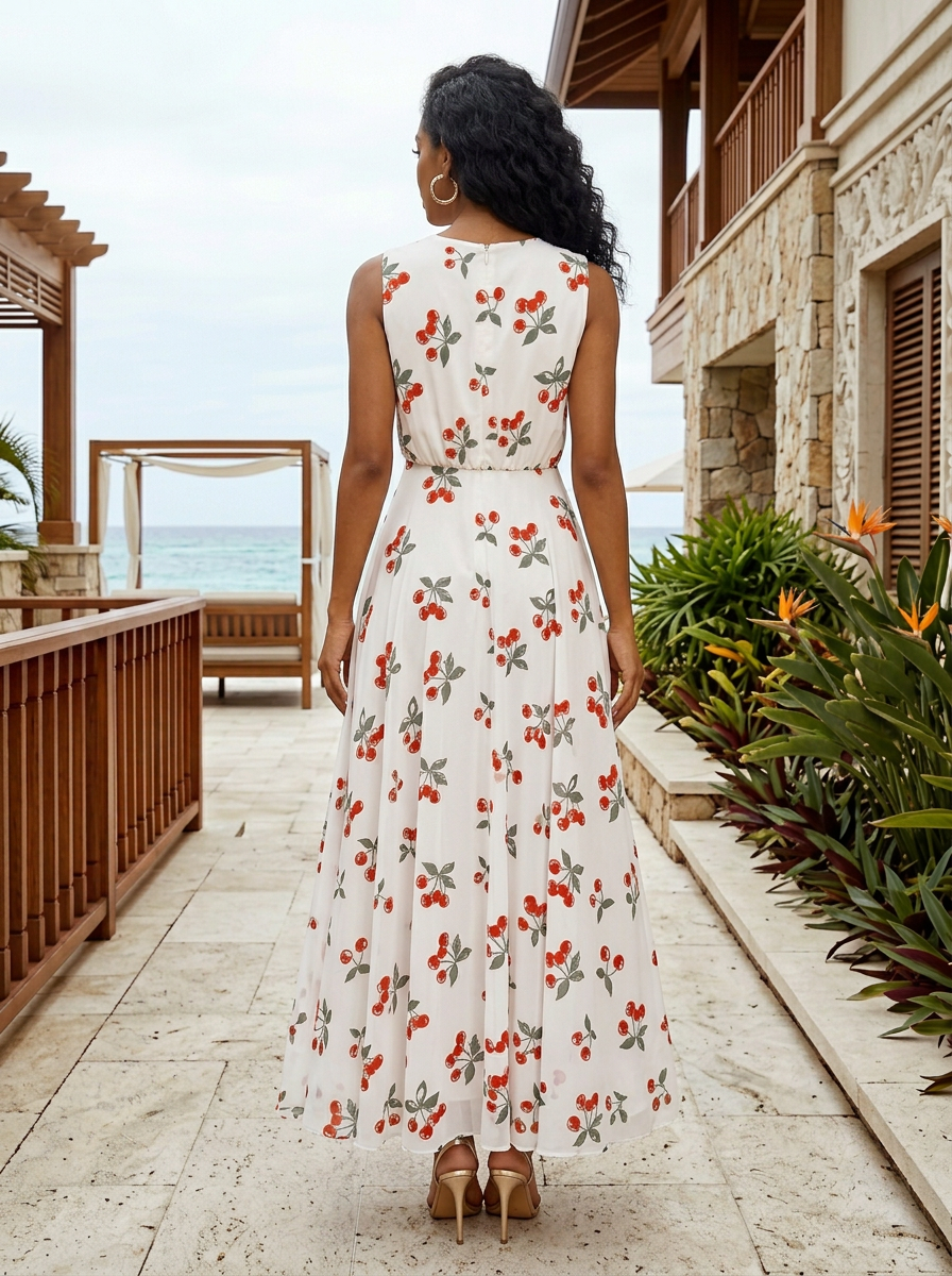 Round Neck Sleeveless White Cherry Print Chiffon Maxi Dress