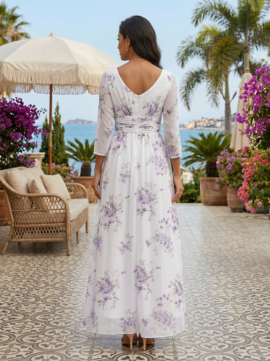 V Neck Three Quarter Sleeve White Lavender Floral Chiffon Maxi Dress