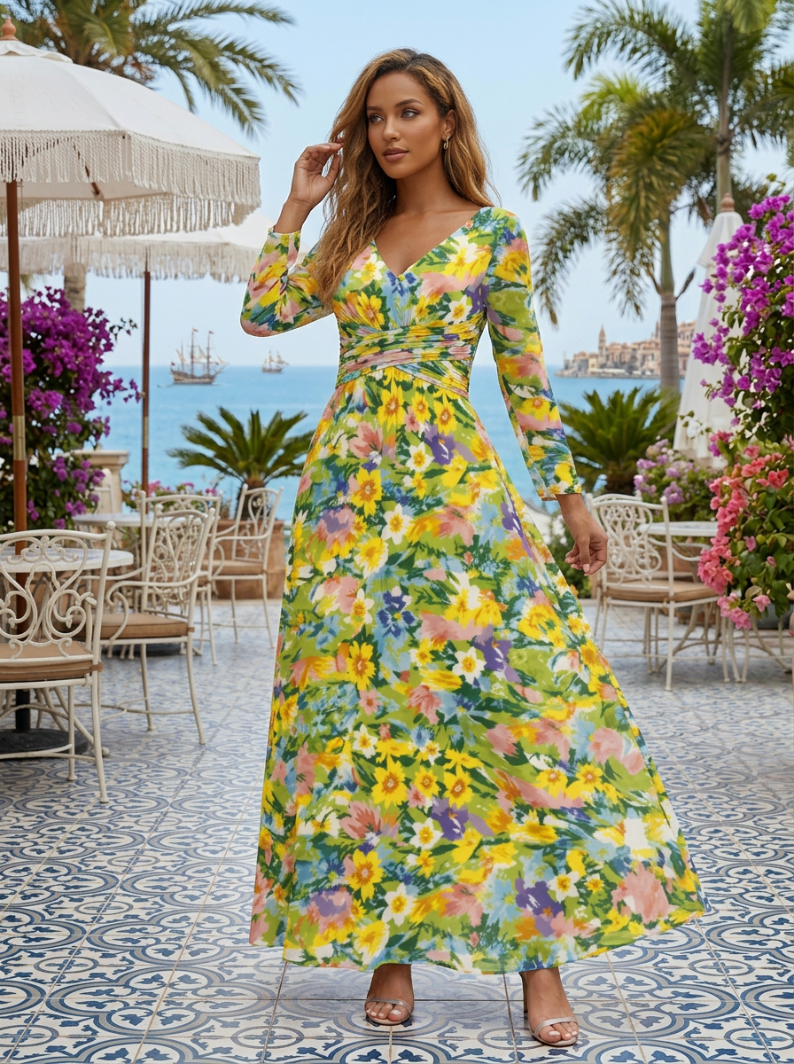 V Neck Long Sleeve Vibrant Multicolor Floral Chiffon Maxi Dress