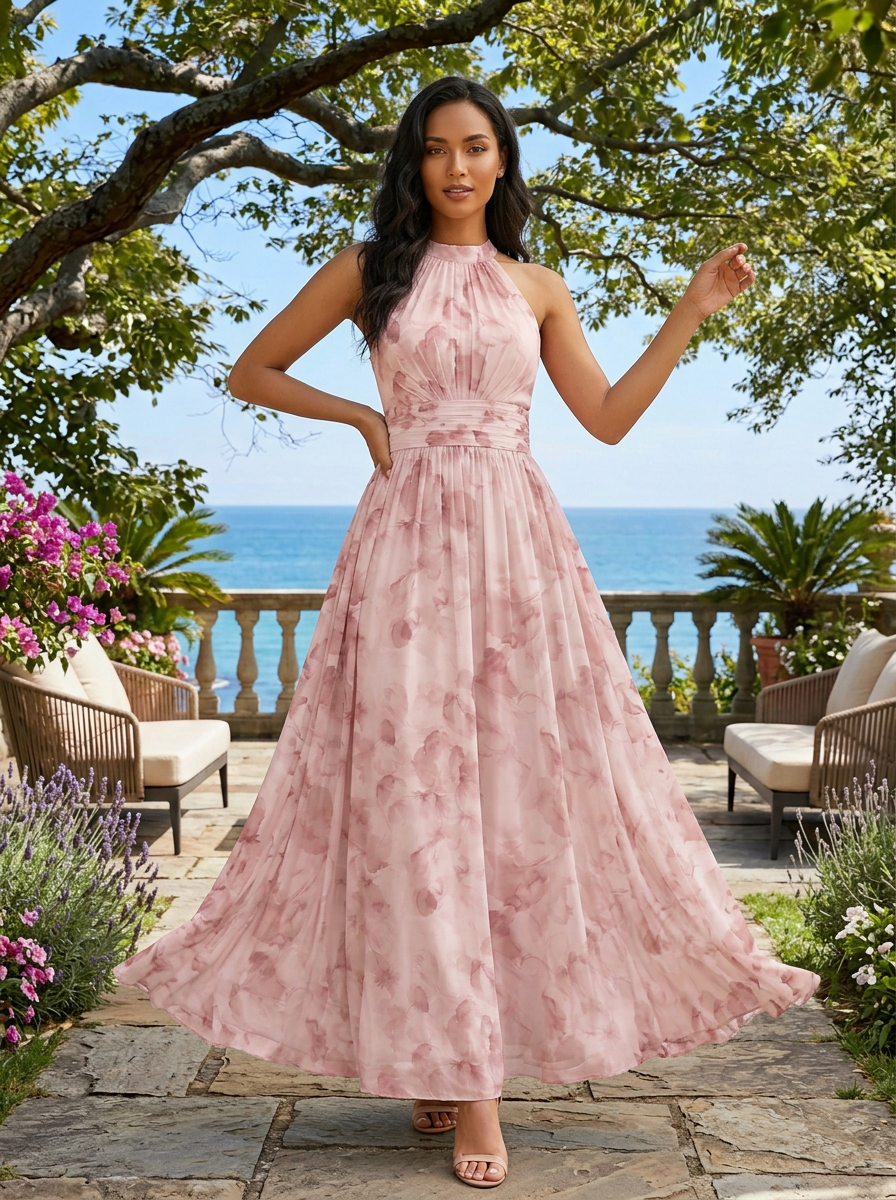 Halter Neck Sleeveless Dusty Pink Watercolor Floral Chiffon Maxi Dress