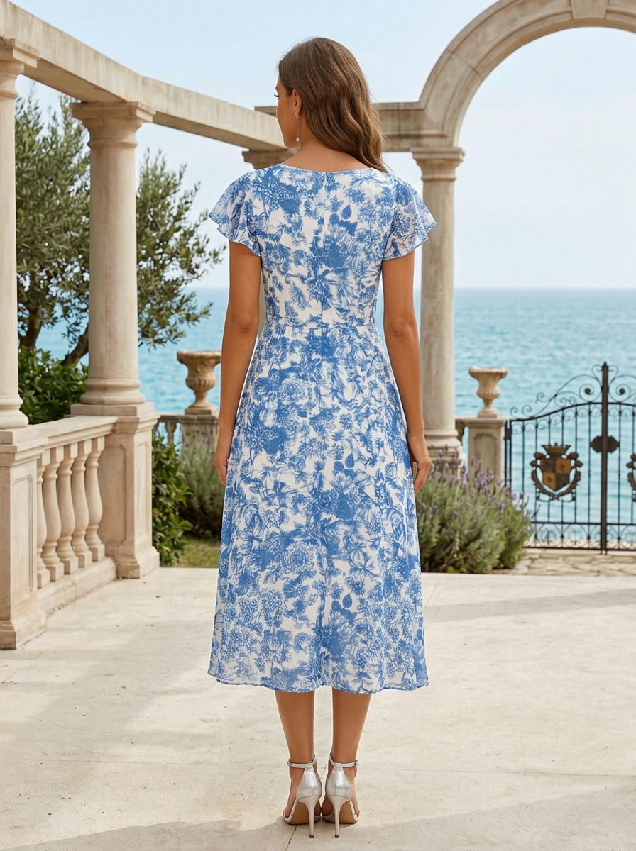 V-Neck Ruffle Short Sleeve Light Sage Green Floral Chiffon Maxi Dress