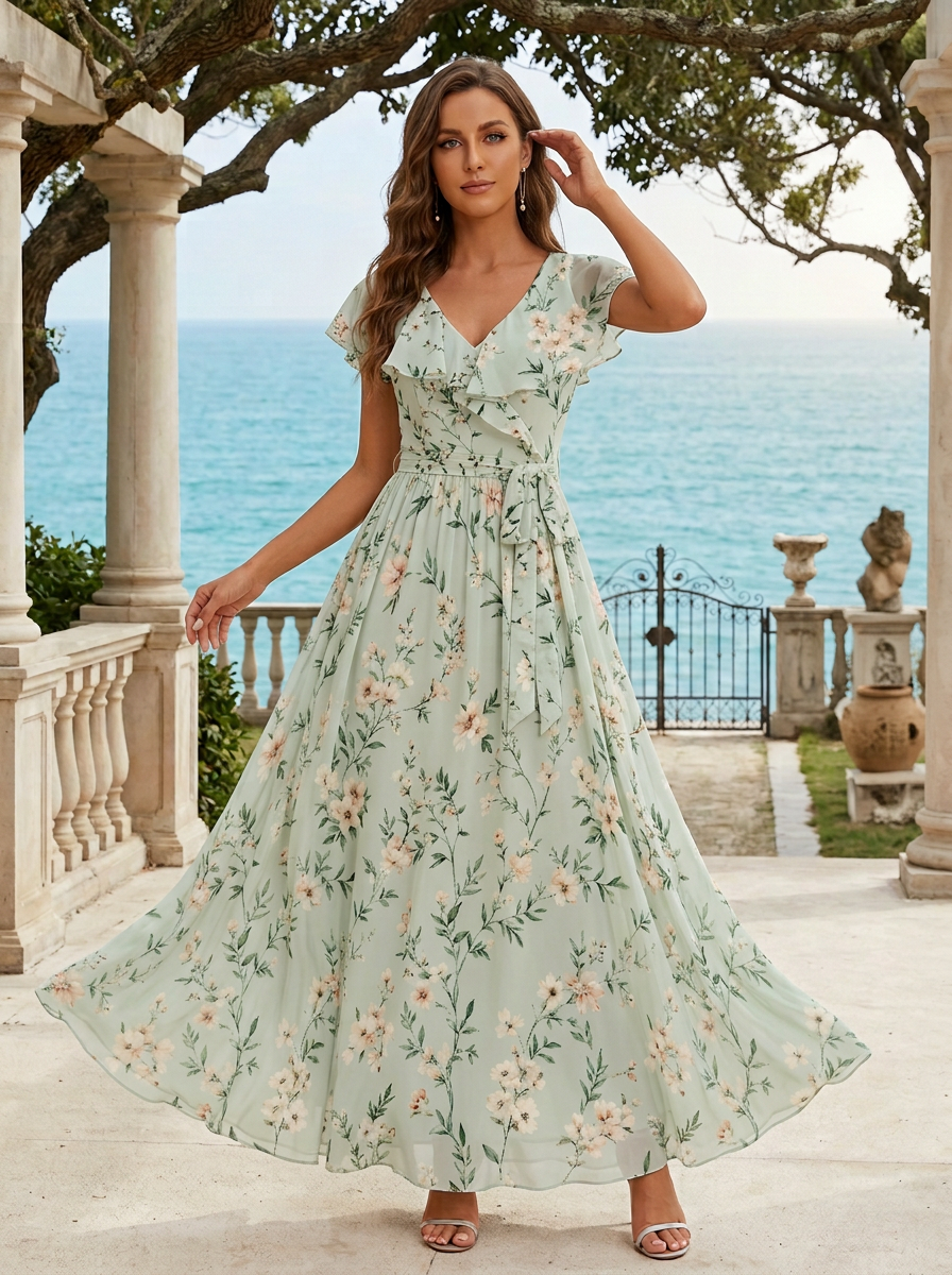 V-Neck Ruffle Flutter Sleeve Light Sage Green Floral Chiffon Maxi Dress