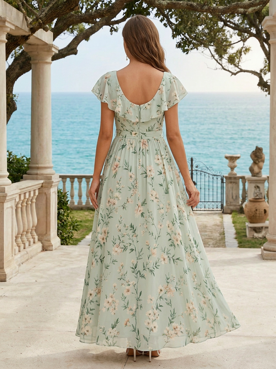 V-Neck Ruffle Flutter Sleeve Light Sage Green Floral Chiffon Maxi Dress