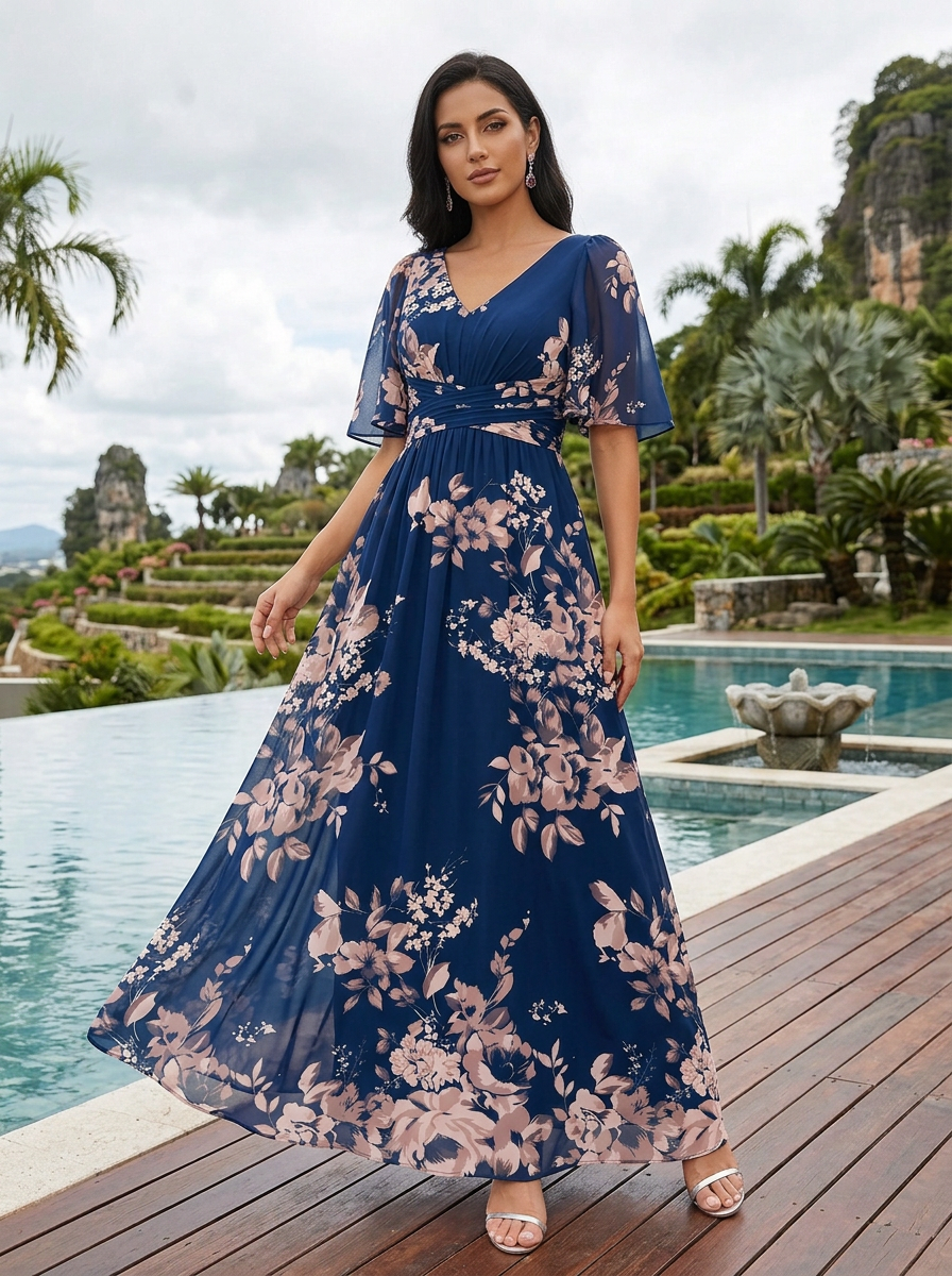 V-Neck Flutter Short Sleeve Navy Blush Floral Chiffon Maxi Dress