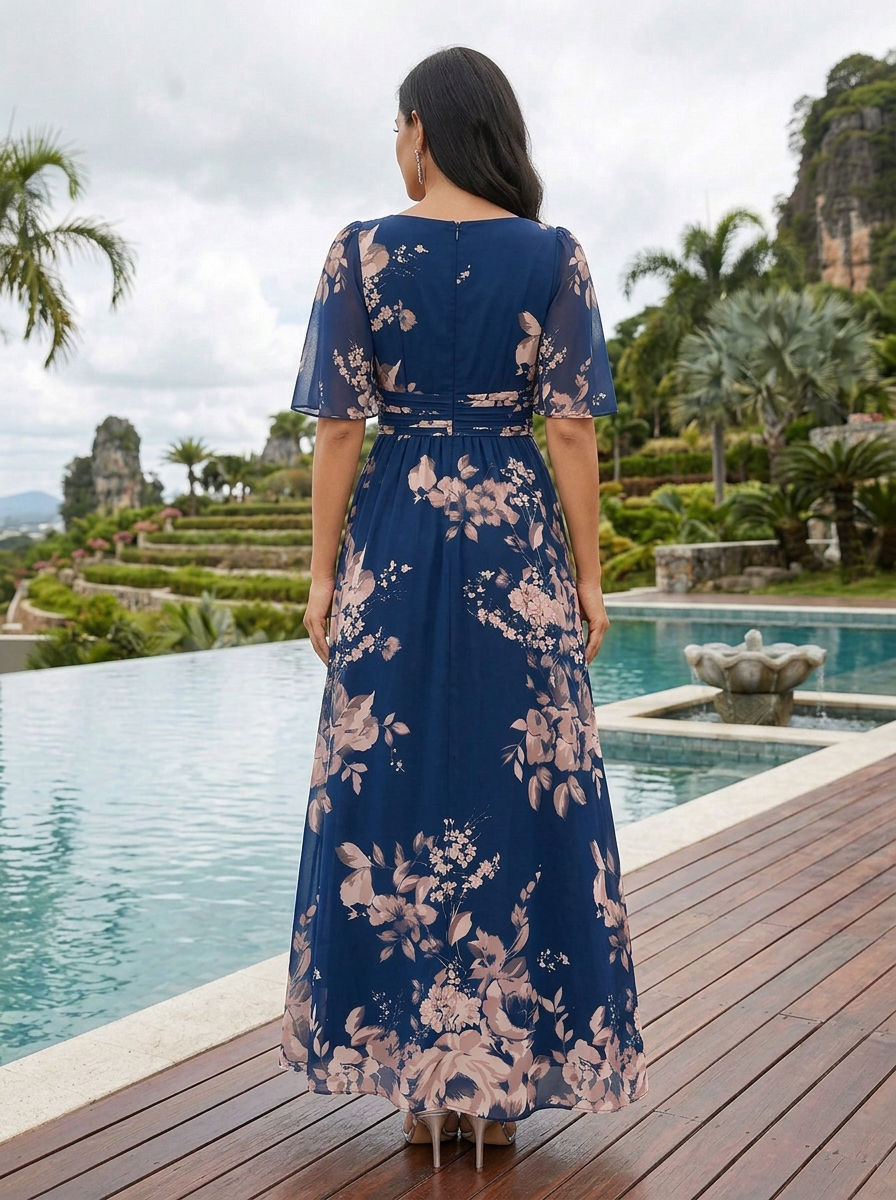 V-Neck Flutter Short Sleeve Navy Blush Floral Chiffon Maxi Dress