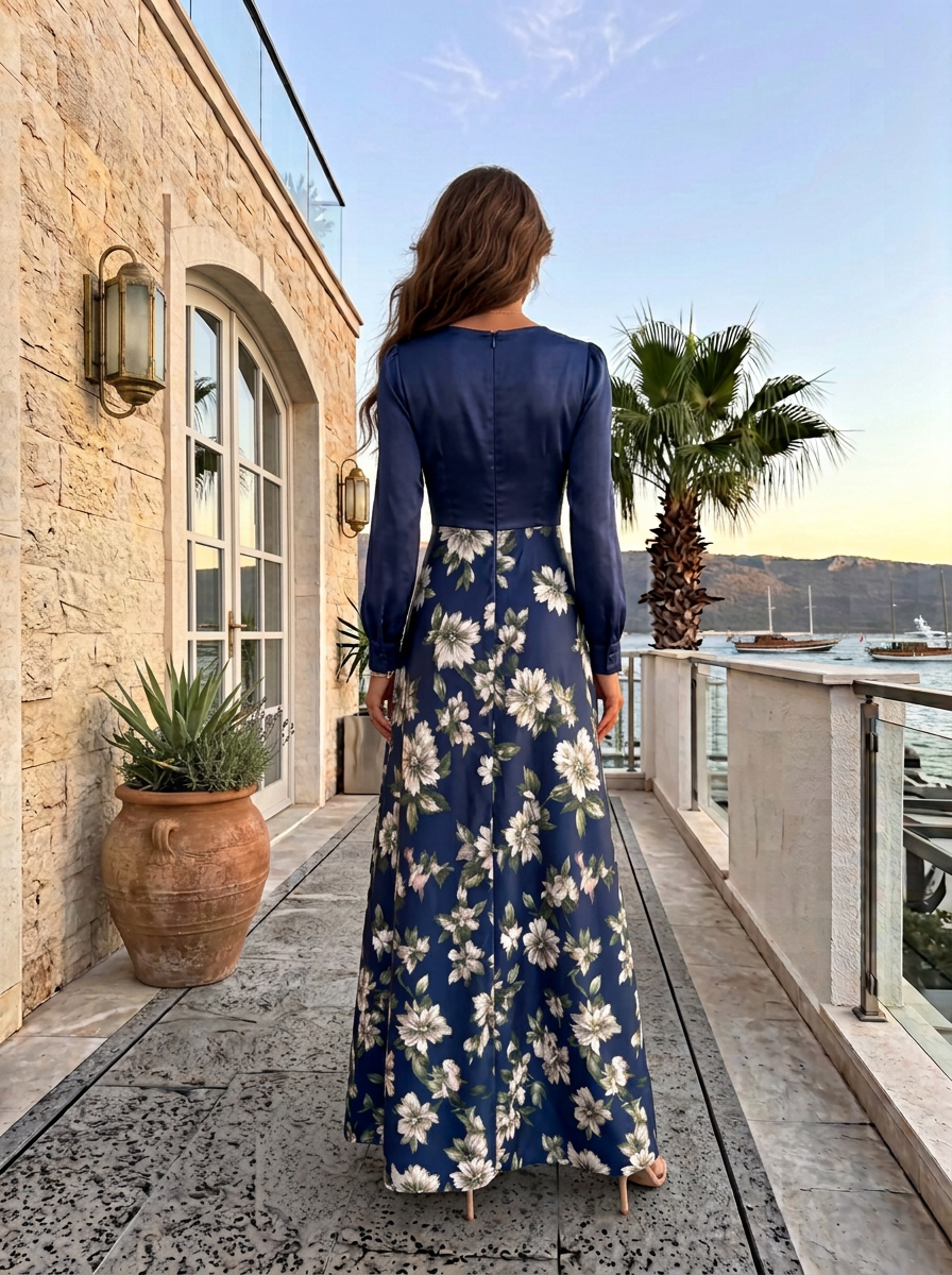 Navy Spliced White Floral Print Long Sleeve Maxi Dress