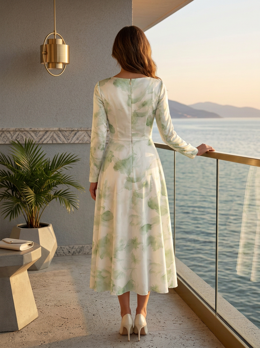 White Base Watercolor Green Floral V-Neck Long Sleeve Midi Dress