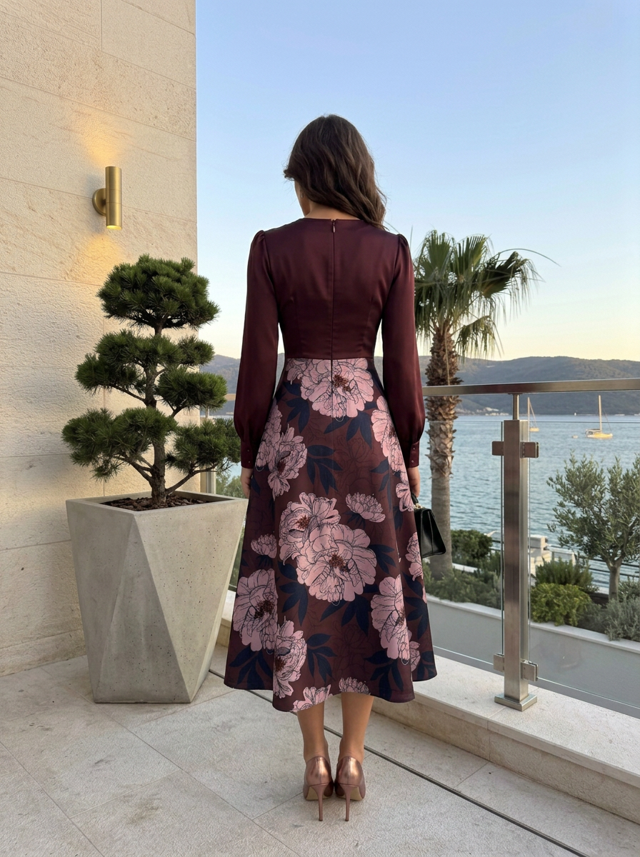 Wine Red Spliced Pink Peony Print Long Sleeve Midi Dress