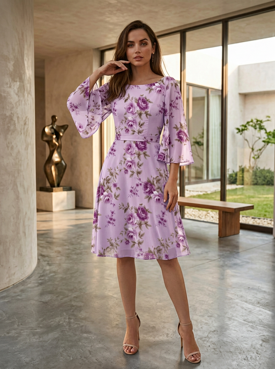 Lilac Rose Floral Boat Neck Flare Sleeve Waisted Midi Dress