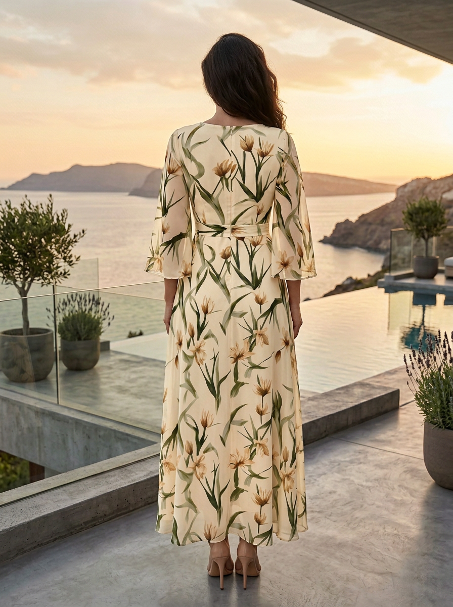 Cream Botanical Floral Boat Neck Flare Sleeve Waisted High Slit Maxi Dress