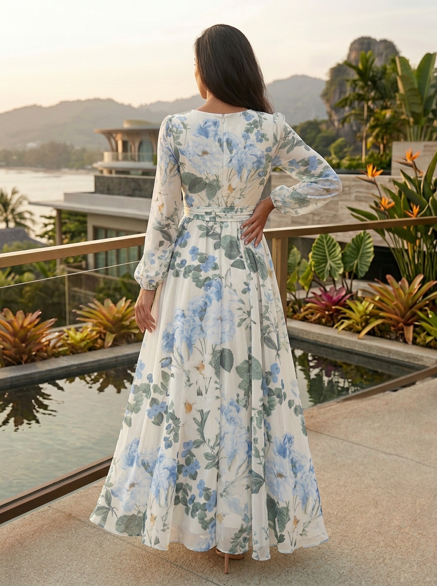 White Base Blue & Green Floral Wrap V-Neck Long Sleeve Tie Waist High Slit Maxi Dress