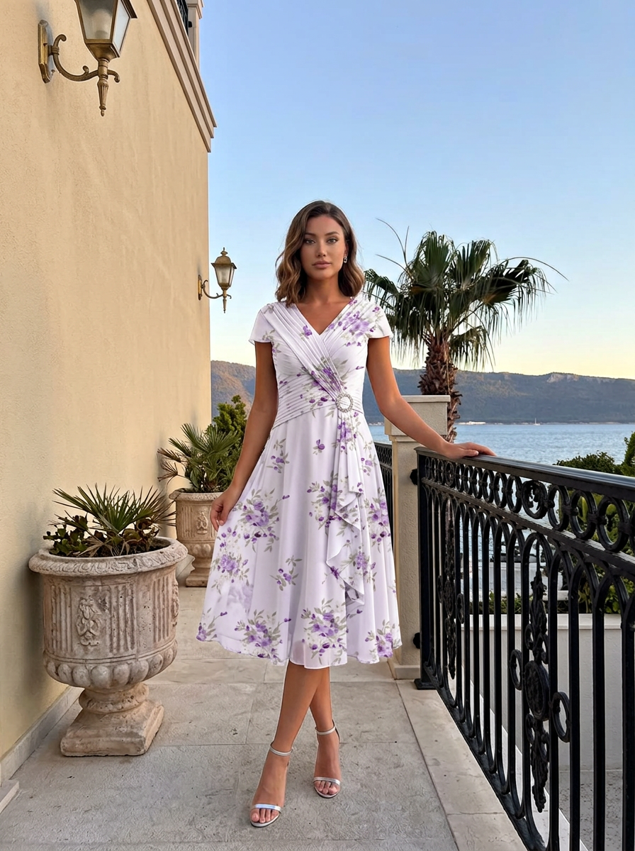 White Base Purple Floral V-Neck Short Sleeve Pleated Rhinestone Midi Dress
