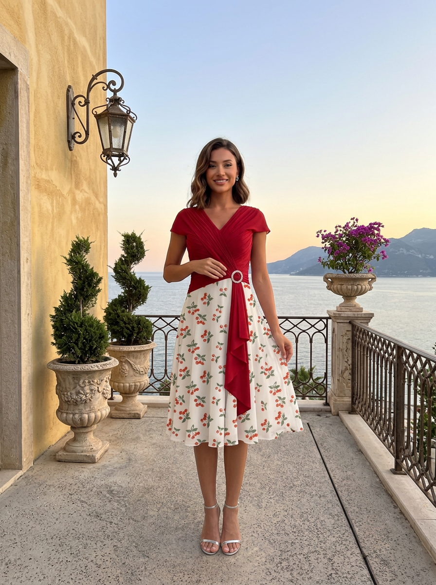 Burgundy & White Cherry Print V-Neck Rhinestone Buckle Short Sleeve Midi Dress