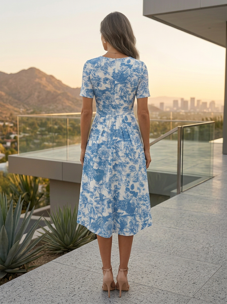 White Base Blue Botanical Floral V-Neck Ruched Short Sleeve Midi Dress