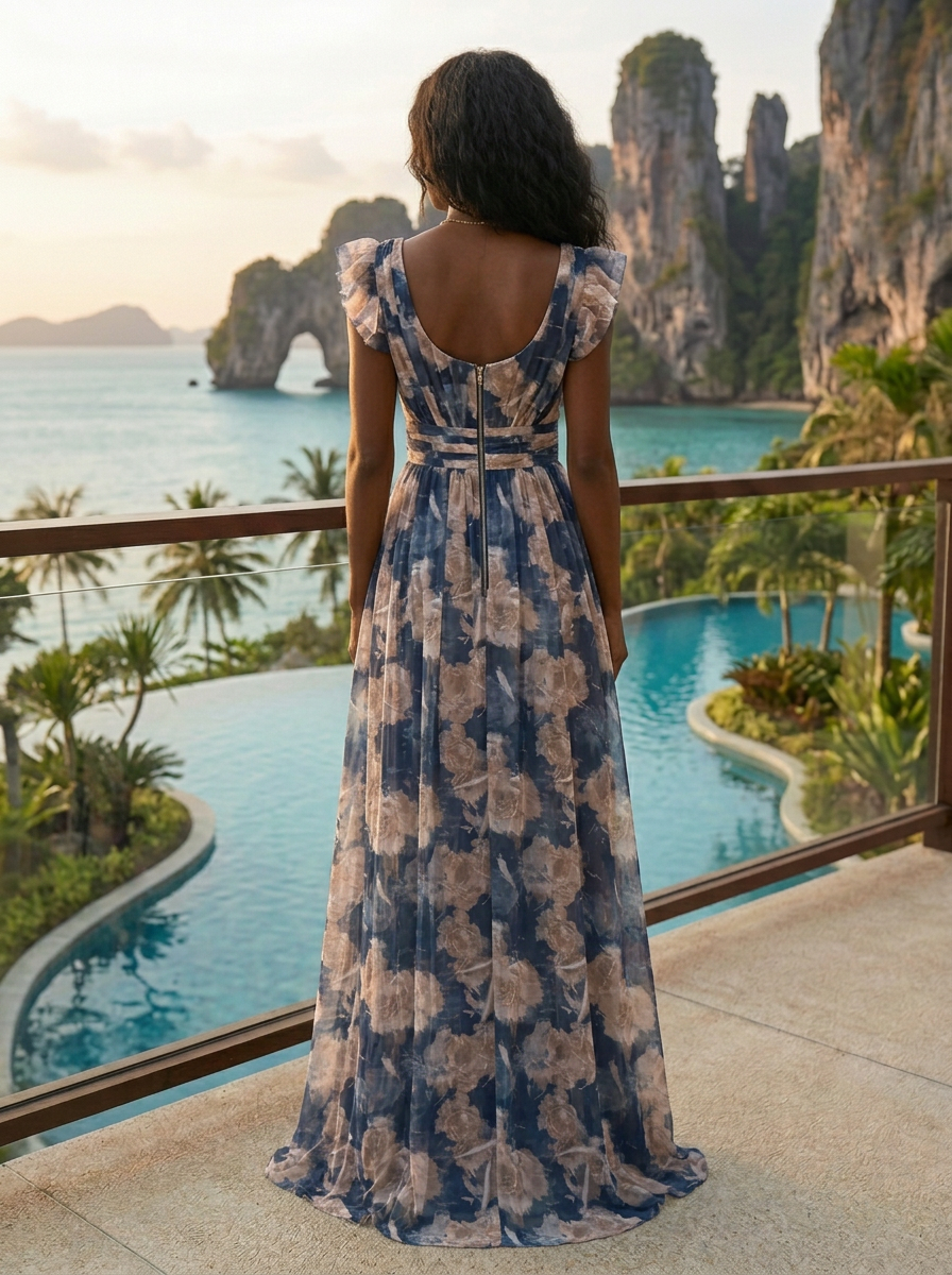 Navy Watercolor Floral V-Neck Flutter Sleeve Waisted Slit Maxi Dress