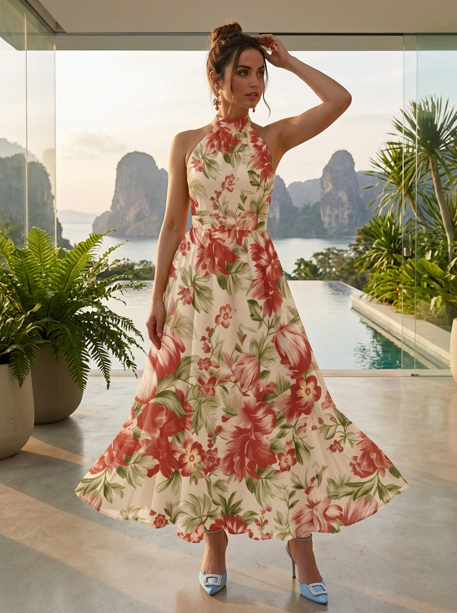 Cream Base Red Floral Halter Open Back Waisted Maxi Dress