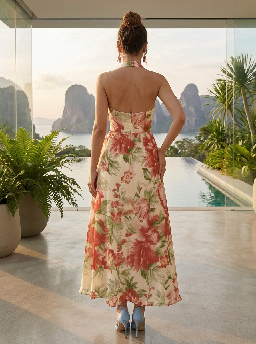 Cream Base Red Floral Halter Open Back Waisted Maxi Dress