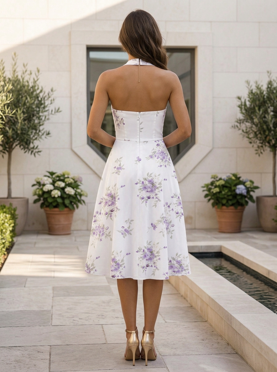White Base Lavender Floral Halter Wrap Waisted Midi Dress