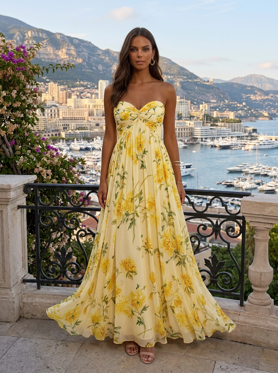 Pale Yellow Floral Strapless Twist Front Chiffon Maxi Dress