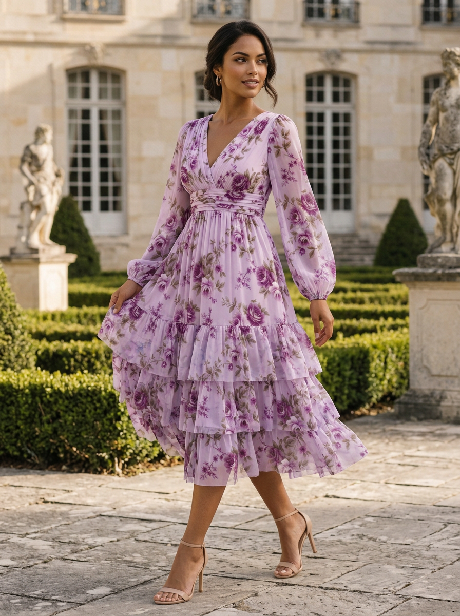 Lilac Floral Long Sleeve Tiered Midi Dress Garden Wedding Guest Vacation Dress