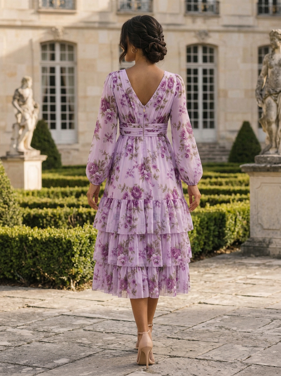 Lilac Floral Long Sleeve Tiered Midi Dress Garden Wedding Guest Vacation Dress