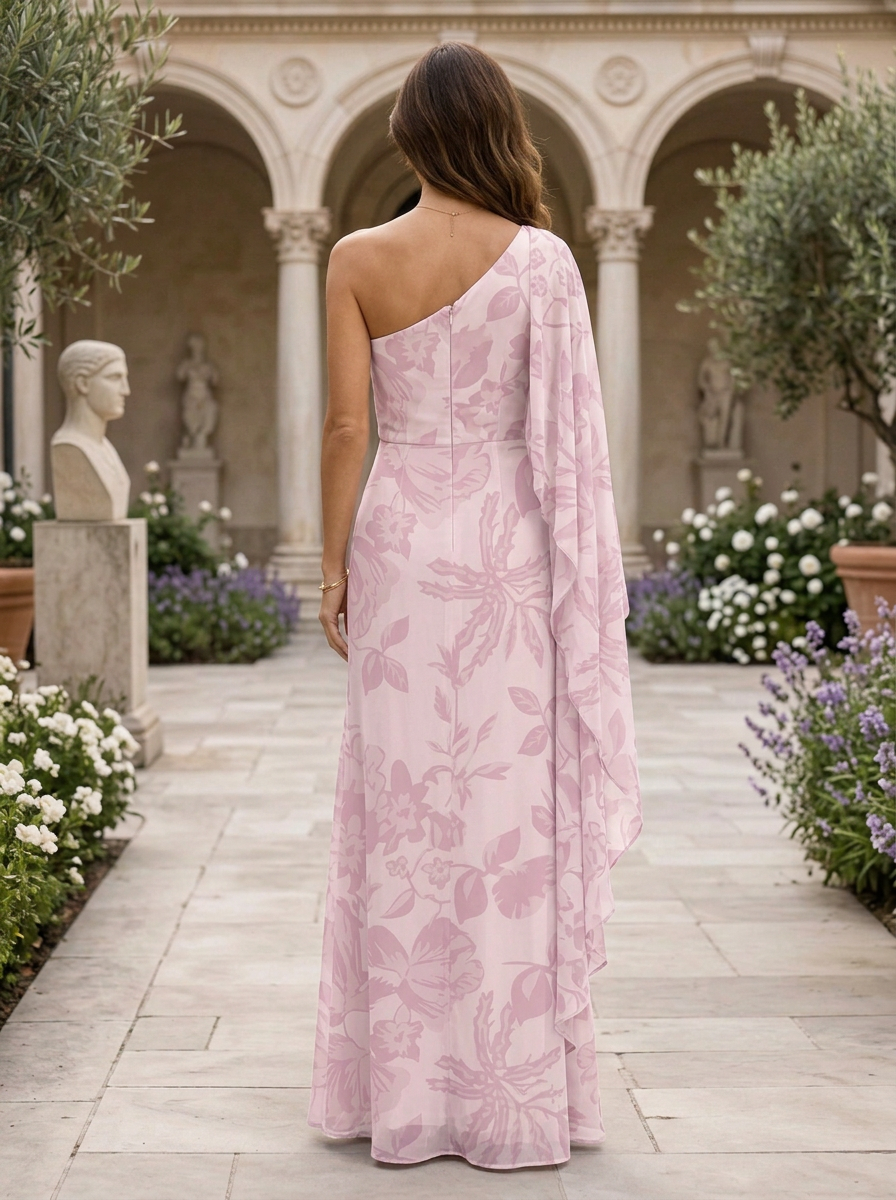 Dusty Pink Floral One Shoulder Cape Sleeve Maxi Dress