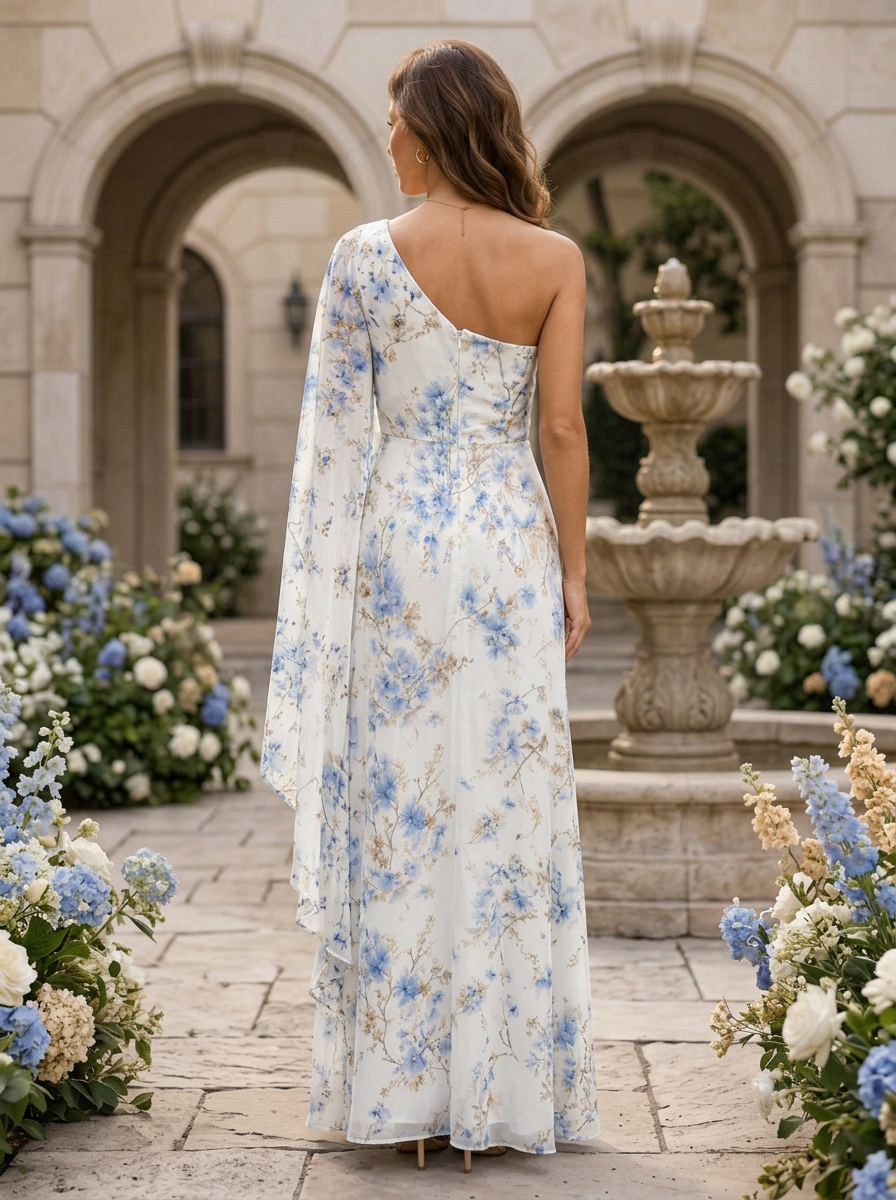 White Base Blue Floral One Shoulder Cape Sleeve Slit Maxi Dress
