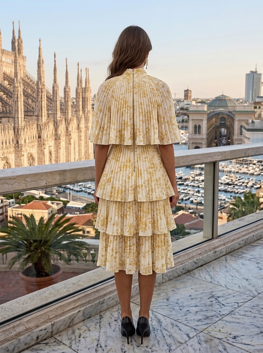 Cream Yellow Floral High Neck Cape Sleeve Pleated Tiered Midi Dress